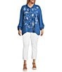 Ali Miles Plus Size Woven Novelty Abstract Fish Print Wire Collar 3/4 Roll-Tab Sleeve Button-Front Tunic, Color:Denim - Image 3