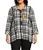 Color:Black Plaid - Image 1 - Plus Size Woven Plaid Print Wire Collar 3/4 Cuffed Sleeve Combo Trim Button Front Tunic