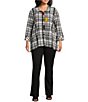 Color:Black Plaid - Image 3 - Plus Size Woven Plaid Print Wire Collar 3/4 Cuffed Sleeve Combo Trim Button Front Tunic