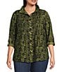 Ali Miles Plus Size Woven Printed Point Collar 3/4 Roll-Tab Sleeve Button-Front Tunic, Color:Olive/Black - Image 1