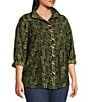Ali Miles Plus Size Woven Printed Point Collar 3/4 Roll-Tab Sleeve Button-Front Tunic, Color:Olive/Black - Image 3