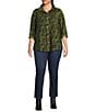 Ali Miles Plus Size Woven Printed Point Collar 3/4 Roll-Tab Sleeve Button-Front Tunic, Color:Olive/Black - Image 7