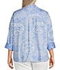Ali Miles Plus Size Woven Printed Point Collar 3/4 Sleeve Button Front Shirt, Color:White/Blue - Image 2