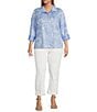 Ali Miles Plus Size Woven Printed Point Collar 3/4 Sleeve Button Front Shirt, Color:White/Blue - Image 3