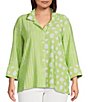 Ali Miles Plus Size Woven Printed Wire Collar 3/4 Sleeve Button-Front Tunic,All Products : American Fashion Style Bags On Sale