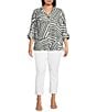 Ali Miles Plus Size Woven Printed Wire Collar 3/4 Sleeve Hi-Low Hem Button Front Tunic, Color:Olive/Green - Image 3