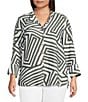 Ali Miles Plus Size Woven Printed Wire Collar 3/4 Sleeve Hi-Low Hem Button Front Tunic, Color:Olive/Green - Image 4