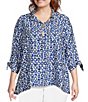 Color:Blue Print - Image 1 - Plus Size Woven Printed Wire Collar 3/4 Tie Cuff Sleeve High-Low Hem Tunic