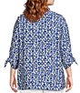 Color:Blue Print - Image 2 - Plus Size Woven Printed Wire Collar 3/4 Tie Cuff Sleeve High-Low Hem Tunic