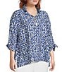 Color:Blue Print - Image 4 - Plus Size Woven Printed Wire Collar 3/4 Tie Cuff Sleeve High-Low Hem Tunic