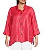 Color:Coral - Image 1 - Plus Size Woven Shimmer Stand Ruffle Collar 3/4 Sleeves Button-Front Tunic