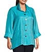 Color:Turquoise - Image 3 - Plus Size Woven Shimmer Stand Ruffle Collar 3/4 Sleeves Button-Front Tunic