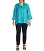 Color:Turquoise - Image 4 - Plus Size Woven Shimmer Stand Ruffle Collar 3/4 Sleeves Button-Front Tunic