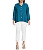Ali Miles Plus Size Woven Solid Wire Collar 3/4 Sleeve Pleated Hem Button Front Tunic, Color:Dark Teal - Image 5