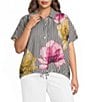 Ali Miles Plus SIze Woven Stripe Floral Point Collar Short Dolman Sleeve Drawstring Hem Button-Front Shirt - Image 1