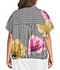 Ali Miles Plus SIze Woven Stripe Floral Point Collar Short Dolman Sleeve Drawstring Hem Button-Front Shirt - Image 2