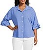 Ali Miles Plus Size Woven Stripe Point Collar Elbow Ruffle Sleeve Button Front Tunic - Image 1