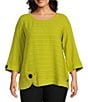 Color:Lime - Image 1 - Plus Size Woven Textured Jacquard Scoop Neck 3/4 Sleeve Button Accent Detail Tunic
