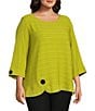 Color:Lime - Image 3 - Plus Size Woven Textured Jacquard Scoop Neck 3/4 Sleeve Button Accent Detail Tunic