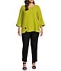 Color:Lime - Image 5 - Plus Size Woven Textured Jacquard Scoop Neck 3/4 Sleeve Button Accent Detail Tunic