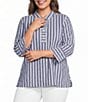 Ali Miles Plus Size Woven Textured Stripe Banded Collar 3/4 Sleeve Top - Image 1