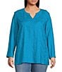 Color:Teal - Image 1 - Plus Size Woven Y-Neck Long Roll-Tab Sleeve High-Low Hem Tunic