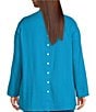 Color:Teal - Image 2 - Plus Size Woven Y-Neck Long Roll-Tab Sleeve High-Low Hem Tunic