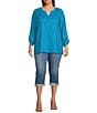 Color:Teal - Image 3 - Plus Size Woven Y-Neck Long Roll-Tab Sleeve High-Low Hem Tunic