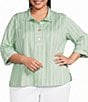 Ali Miles Plus Size Woven Yarn-Dyed Stripe Wire Collar 3/4 Sleeve Button Front Placket Shirt - Image 1