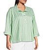 Ali Miles Plus Size Woven Yarn-Dyed Stripe Wire Collar 3/4 Sleeve Button Front Placket Shirt - Image 3