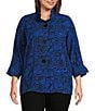 Ali Miles Plus Size Woven Zebra Leopard Print Wire Collar 3/4 Sleeve Button Front Tunic, Color:Royal/Black - Image 1