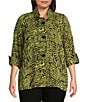 Ali Miles Plus Size Woven Zebra Leopard Print Wire Collar 3/4 Sleeve Button Front Tunic, Color:Citron/Black - Image 1