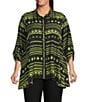 Ali Miles Plus Size Woven Zig-Zag Harmony Print Point Collar 3/4 Roll-Tab Sleeve Asymmetric Hem Button Front Tunic, Color:Citron - Image 1