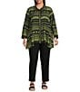 Ali Miles Plus Size Woven Zig-Zag Harmony Print Point Collar 3/4 Roll-Tab Sleeve Asymmetric Hem Button Front Tunic, Color:Citron - Image 3
