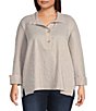 Ali Miles Plus Size Yarn-Dye Crinkle Stripe Point Collar 3/4 Sleeve Top,All Products : American Fashion Style Bags On Sale