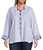 Ali Miles Plus Size Yarn Dye Stripe Point Collar Long Sleeves Hi-Low Hem Tunic, Color:Blue Stripe - Image 1
