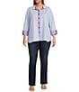 Ali Miles Plus Size Yarn Dye Stripe Point Collar Long Sleeves Hi-Low Hem Tunic, Color:Blue Stripe - Image 3