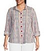 Color:Multiple - Image 1 - Plus Size Yarn-Dye Textured Stripe Wire Collar 3/4 Roll-Tab Sleeve High-Low Hem Button-Front Tunic