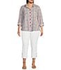 Color:Multiple - Image 3 - Plus Size Yarn-Dye Textured Stripe Wire Collar Long Roll-Tab Sleeve High-Low Hem Button-Front Tunic