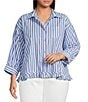 Ali Miles Plus Size Yarn-Dyed Stripe Point Collar 3/4 Sleeve Tiered Ruffle Hem Button-Front Top - Image 1