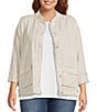 Ali Miles Plus Size Yarn-Dyed Woven Stand Collar 3/4 Sleeve Button-Front Jacket - Image 1