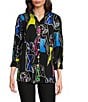 Ali Miles Printed Faces Wire Collar 3/4 Sleeve Button-Front Tunic, Color:Abstract Multiple - Image 1