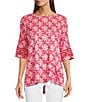 Color:Red - Image 1 - Printed Knit Linen Blend Crew Neck Pop Over 3/4 Sleeve Tunic