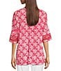 Color:Red - Image 2 - Printed Knit Linen Blend Crew Neck Pop Over 3/4 Sleeve Tunic