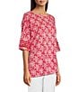 Color:Red - Image 3 - Printed Knit Linen Blend Crew Neck Pop Over 3/4 Sleeve Tunic