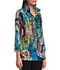 Color:Abstract Multi - Image 4 - Printed Knit Point Collar 3/4 Sleeve Button Front Tunic
