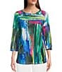 Color:Multi - Image 1 - Printed Knit Round Neck 3/4 Raglan Sleeve Front Pocket Pull-On Tunic