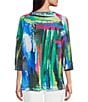 Color:Multi - Image 2 - Printed Knit Round Neck 3/4 Raglan Sleeve Front Pocket Pull-On Tunic
