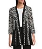 Ali Miles Printed Mesh Inset 3/4 Sleeve Open-Front Kimono, Color:Black White Print - Image 1