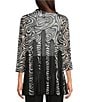 Ali Miles Printed Mesh Inset 3/4 Sleeve Open-Front Kimono, Color:Black White Print - Image 2